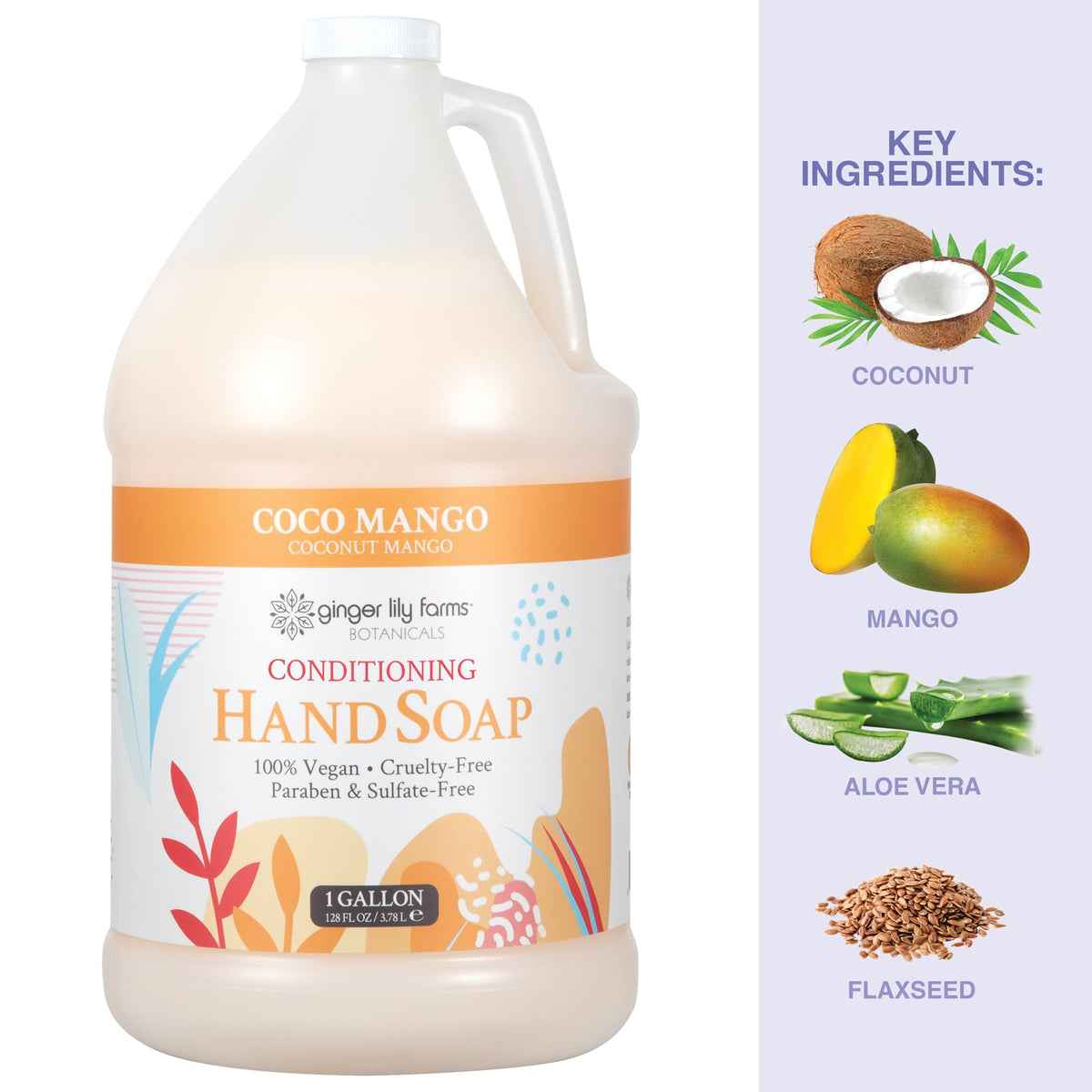 Gallon jug beside a hand for scale showing Ginger Lily Farms economical refill size