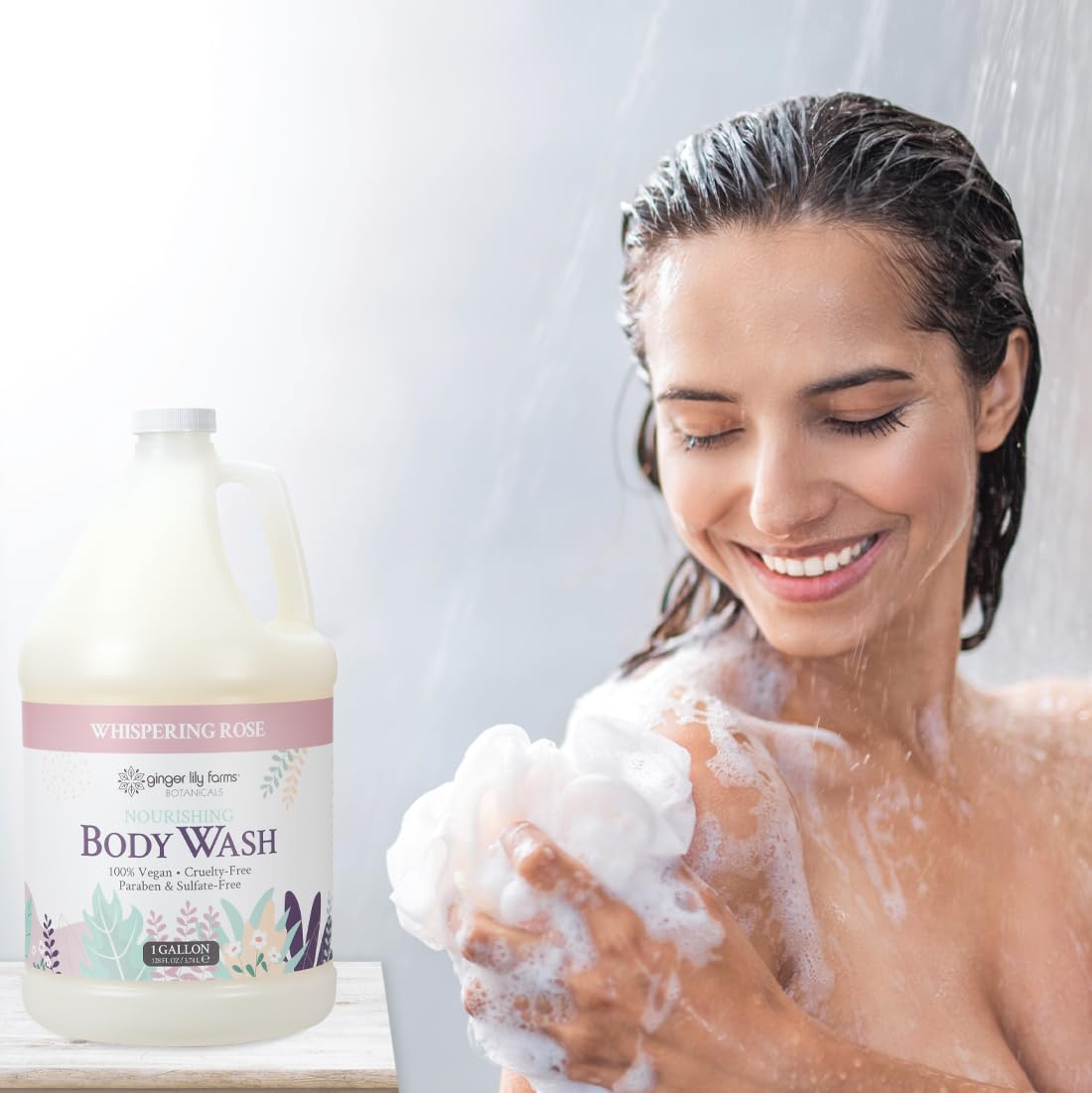 Ginger Lily Farms dispensed in shower setting, illustrates daily use and pleasant scent