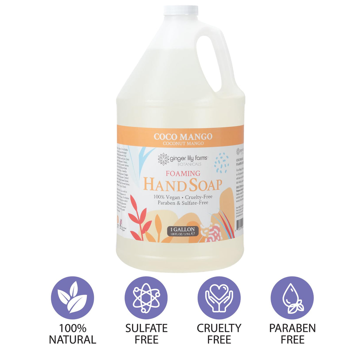 Ginger Lily Farms gallon being poured into a foaming dispenser in kitchen, convenient refill for home use