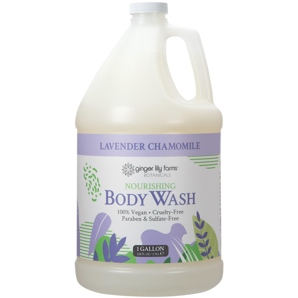 Ginger Lily Farms gallon packaging showing product and label, highlights eco refill benefit