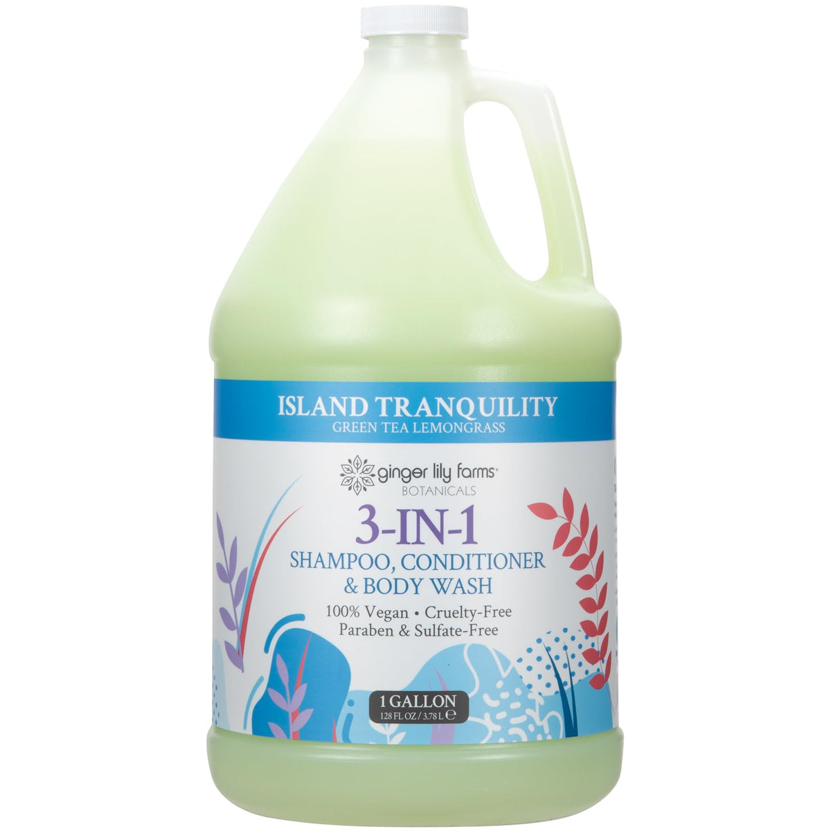 Ginger Lily Farms front label on gallon showing product identity and benefits