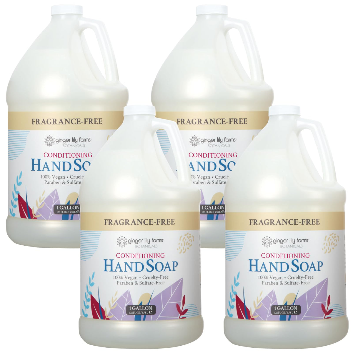 Ginger Lily Farms front packaging showing four one-gallon refill containers and clear labeling for bulk use