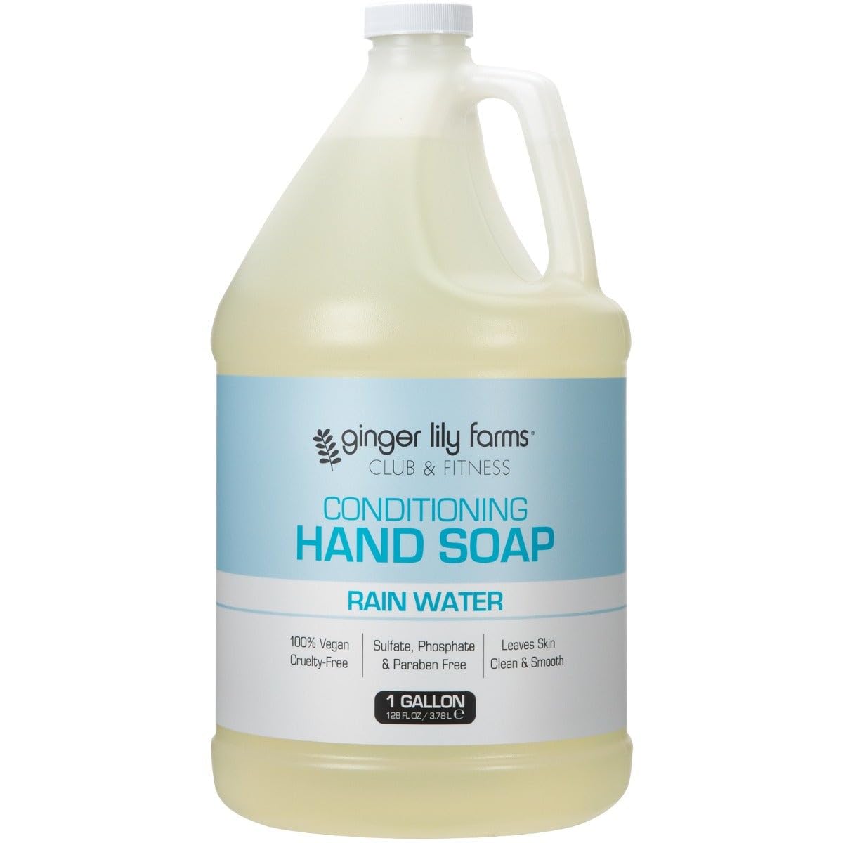 Ginger Lily Farms gallon front label showing product name and rain water scent, clear refill benefit