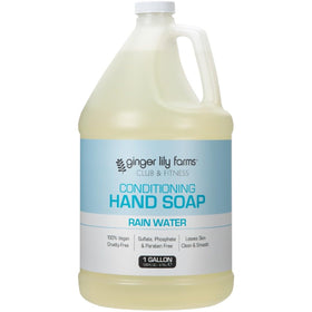 Ginger Lily Farms gallon front label showing product name and rain water scent, clear refill benefit