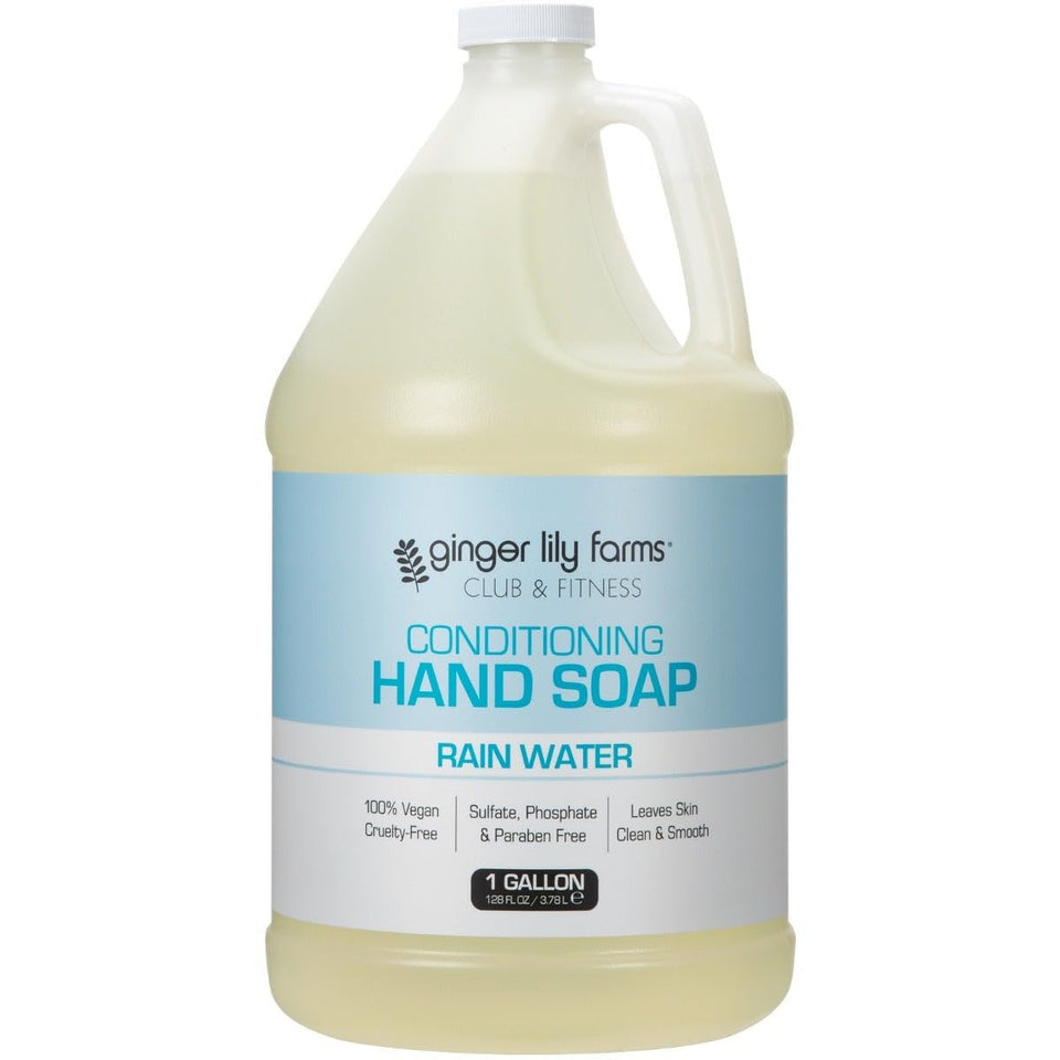 Ginger Lily Farms gallon front label showing product name and rain water scent, clear refill benefit