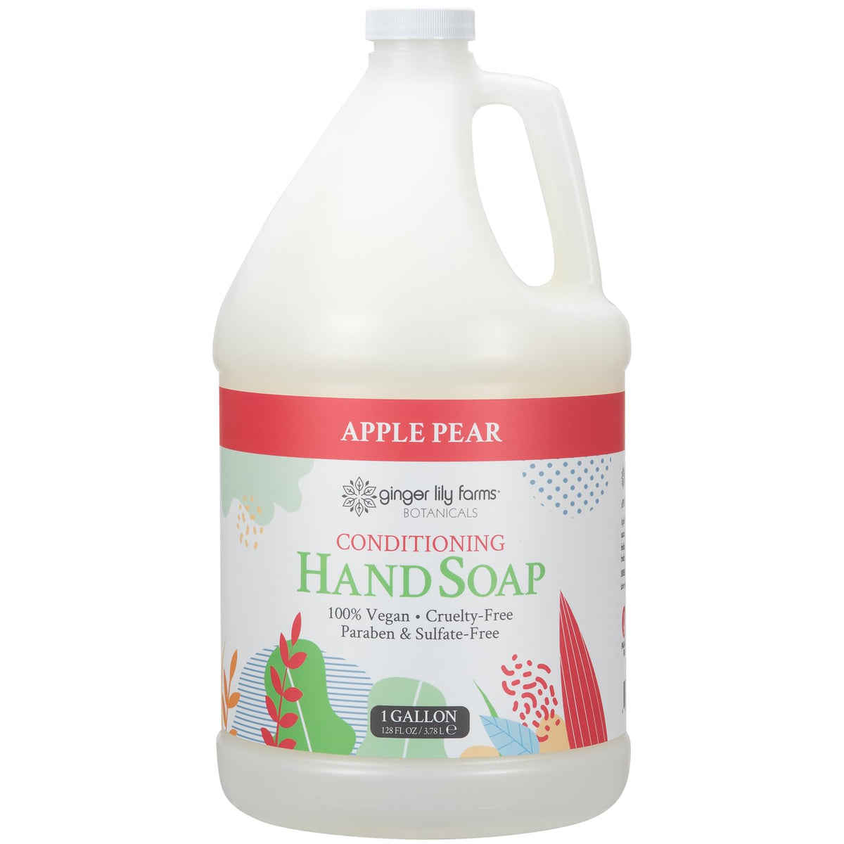 Ginger Lily Farms gallon front label showing apple pear scent and benefits