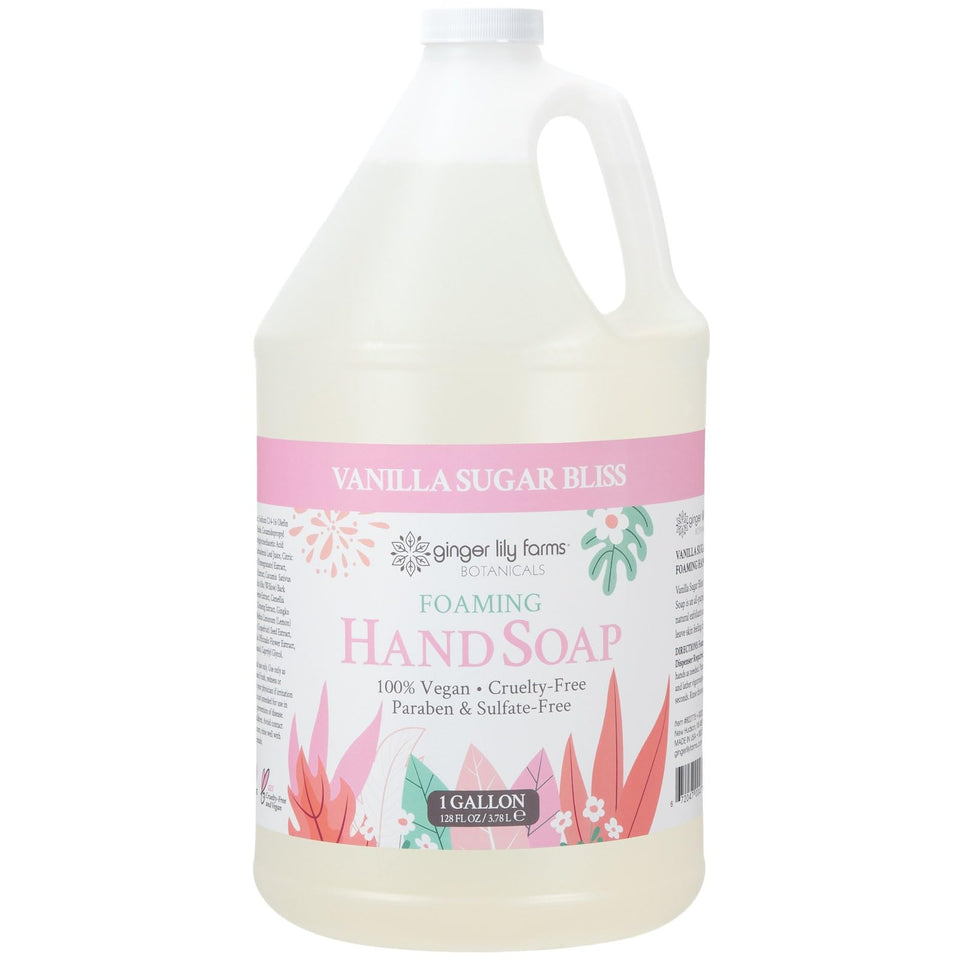 Ginger Lily Farms front label on 1-gallon refill showing brand and scent benefits