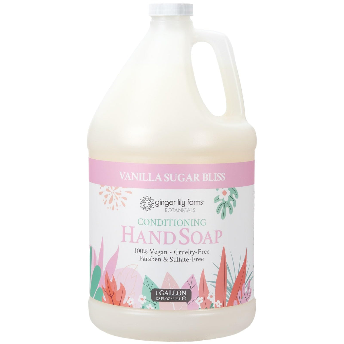 Ginger Lily Farms gallon front label showing product name and size benefit: clear identification