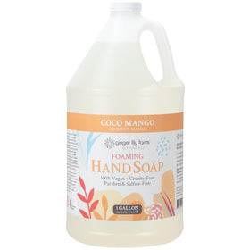 Ginger Lily Farms gallon front label showing product name and coconut mango scent, clear benefit of bulk value
