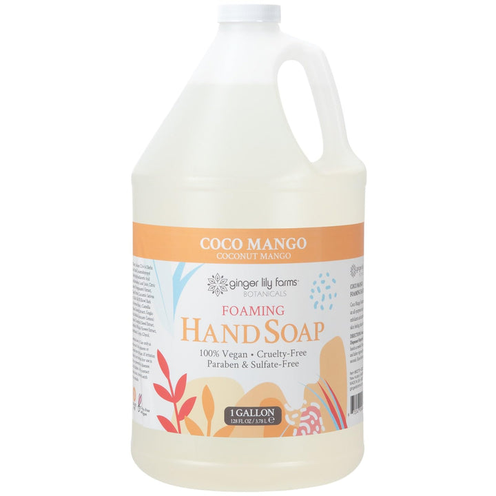 Ginger Lily Farms gallon front label showing product name and coconut mango scent, clear benefit of bulk value