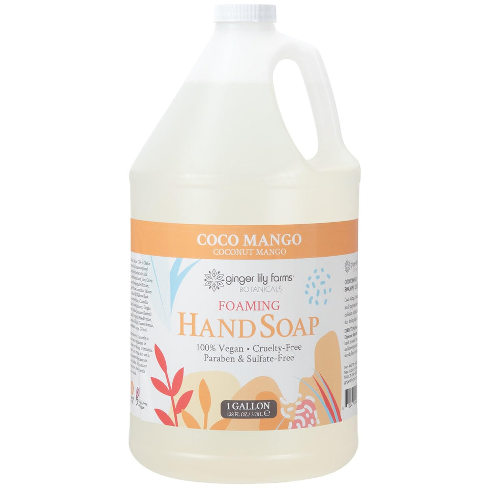 Ginger Lily Farms gallon front label showing product name and coconut mango scent, clear benefit of bulk value