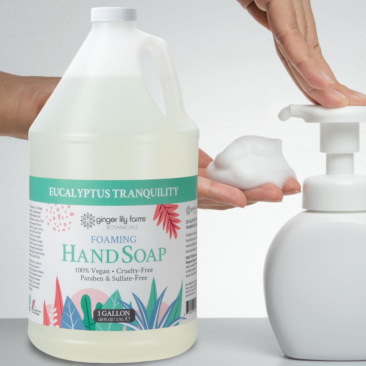 Ginger Lily Farms gallon next to common objects showing size and economy benefit