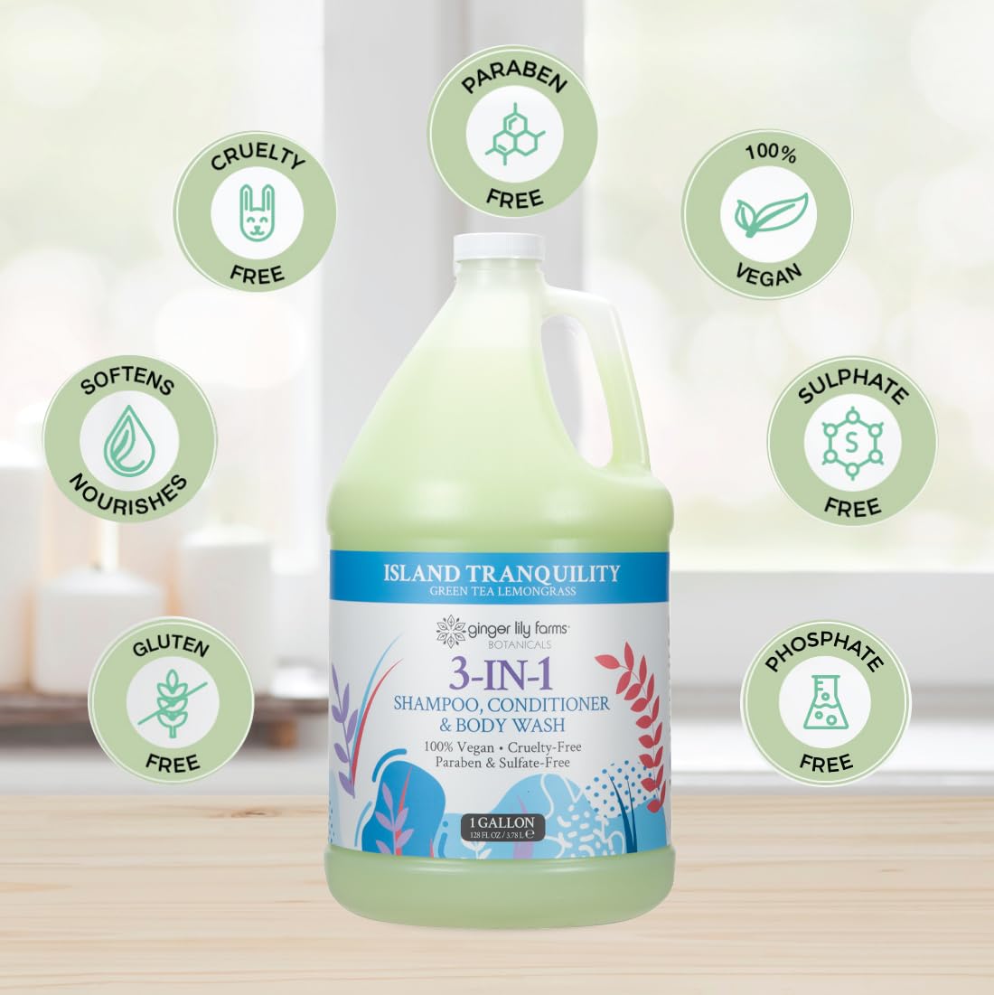 Ginger Lily Farms in-shower scene conveying calming green tea and lemongrass scent