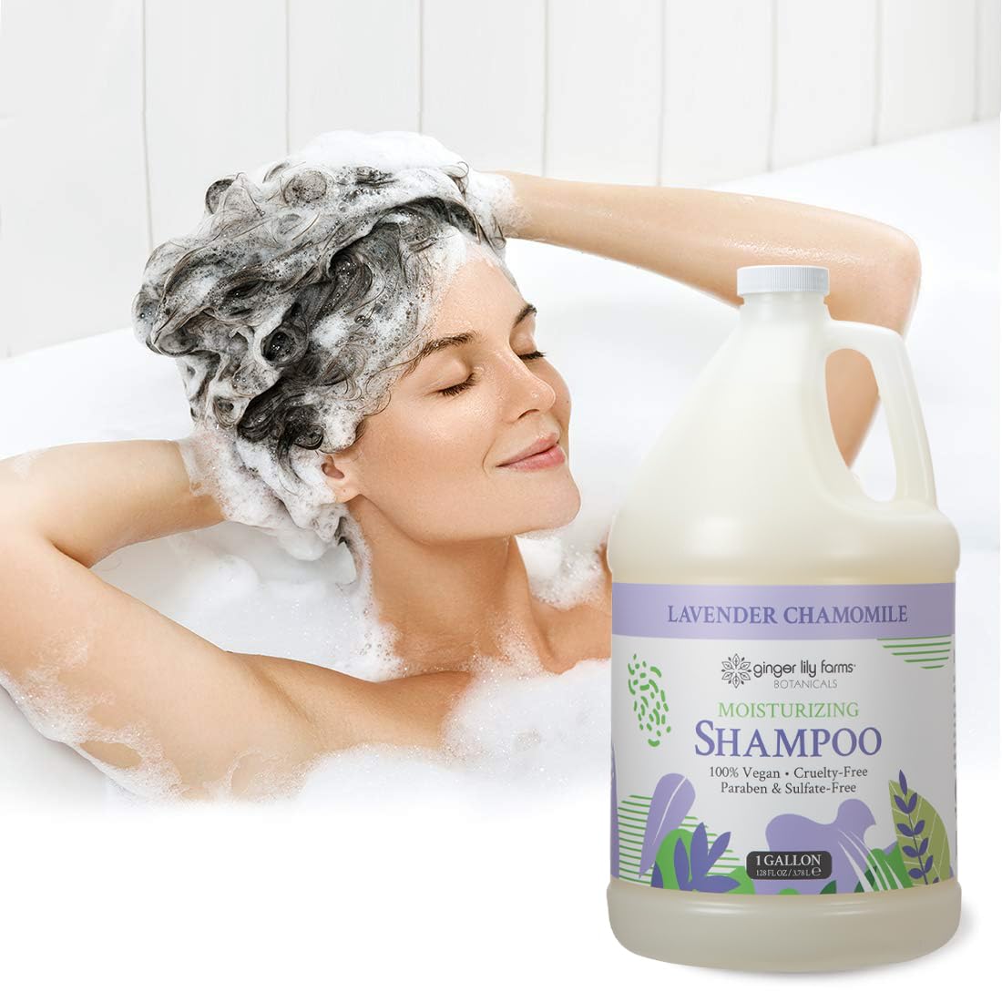 Ginger Lily Farms shampoo in shower dispenser showing calm lavender chamomile scent