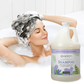 Ginger Lily Farms shampoo in shower dispenser showing calm lavender chamomile scent