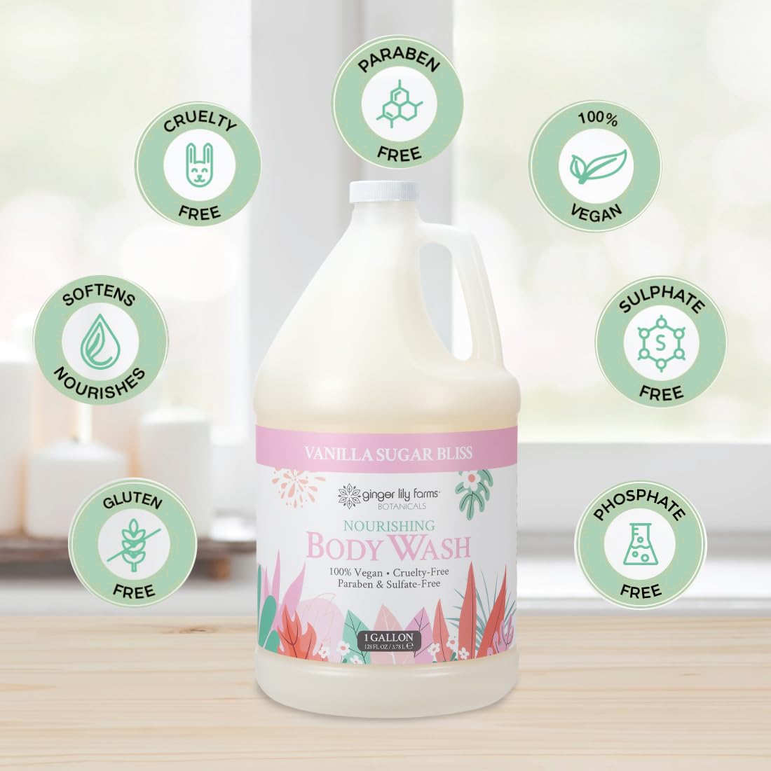 Aloe and flaxseed botanicals beside Ginger Lily Farms bottle highlighting natural hydration