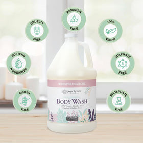 Ginger Lily Farms botanical ingredients layout, emphasizes natural extracts and soothing properties
