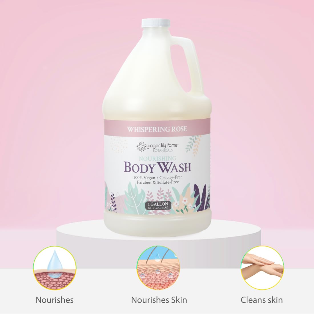 Ginger Lily Farms label detail with PETA vegan icon, reassures ethical and toxin-free formula