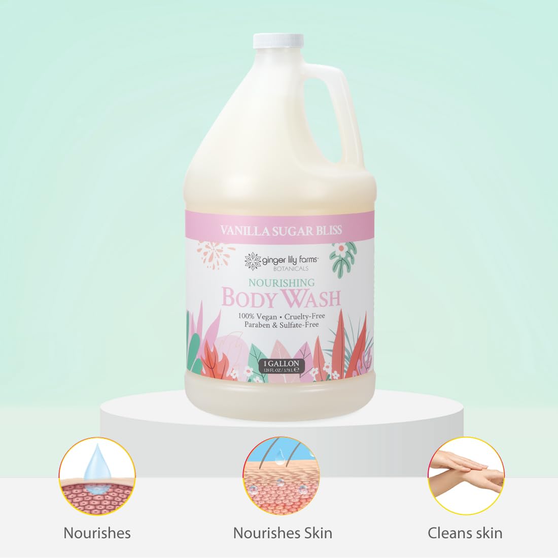 Label detail with PETA and toxin-free claims on Ginger Lily Farms for ethical assurance