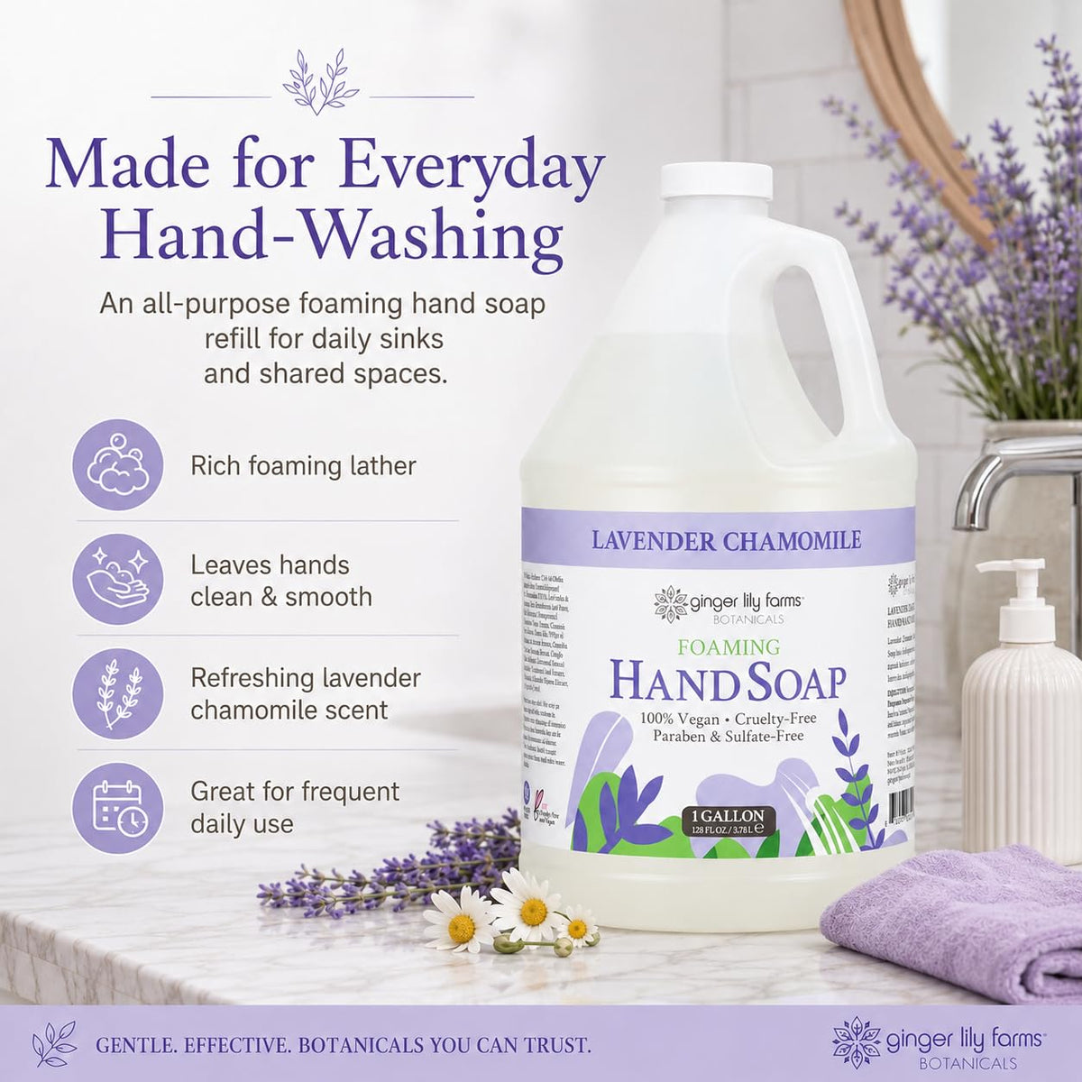 Bathroom lifestyle scene with Ginger Lily Farms foaming soap creating a calming handwashing moment
