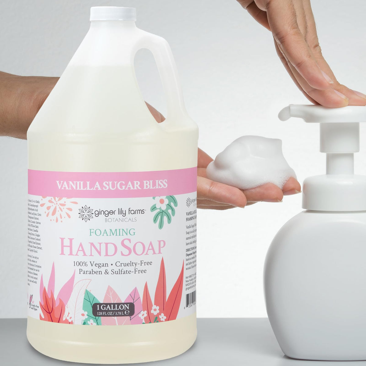 Ginger Lily Farms jug in bathroom setting conveying bulk value and eco benefit