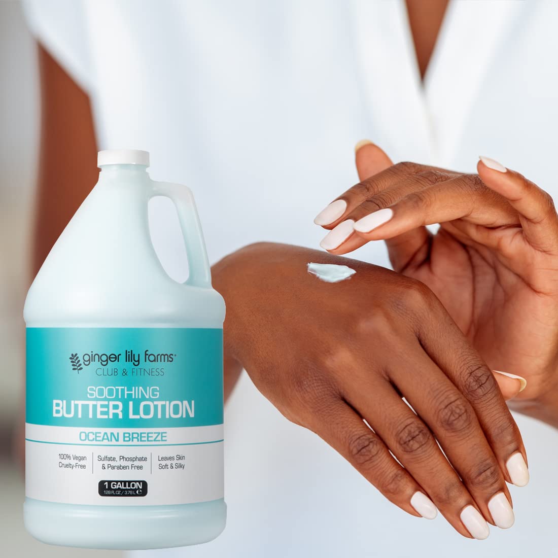 Ginger Lily Farms gallon placed on bathroom shelf for spa-like feel