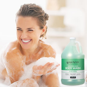 Ginger Lily Farms bottle on bathroom shelf suggesting eco-friendly lifestyle
