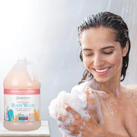 Ginger Lily Farms bottle staged in spa-style bathroom to convey refreshing citrus scent