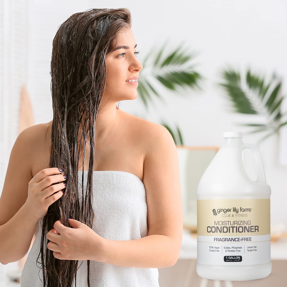 Ginger Lily Farms product in post-workout shower scene promoting gentle, unscented care