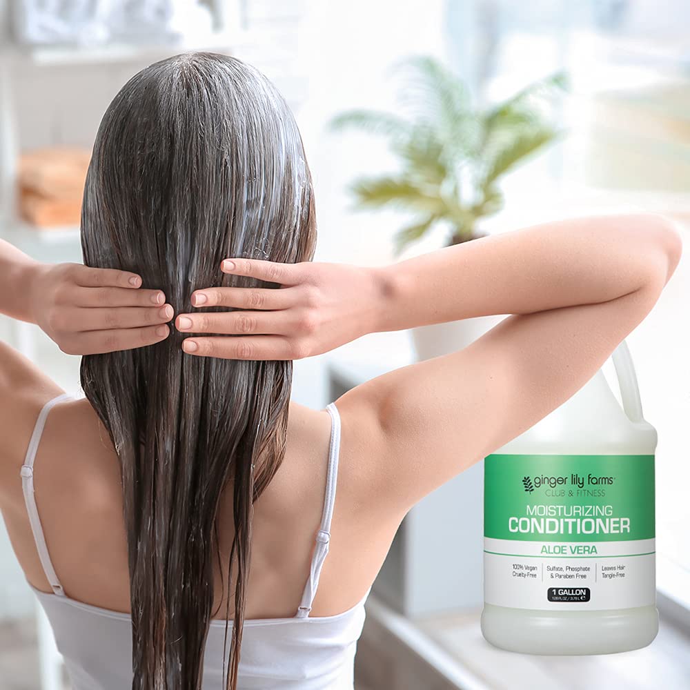 Ginger Lily Farms conditioner in shower setting offering fresh aloe scent
