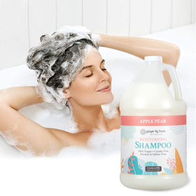 Ginger Lily Farms bottle in shower setting highlighting salon-grade hydration