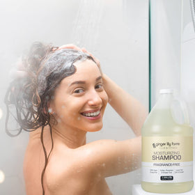 Ginger Lily Farms shampoo in a shower setting showing fragrance-free, everyday use