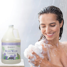 Ginger Lily Farms in a spa shower setting, conveys calming scent and relaxation benefit