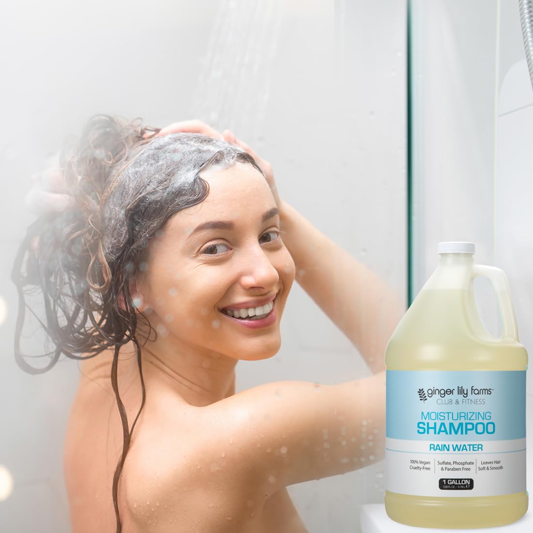 Ginger Lily Farms gallon inside locker room shower area for high‑traffic use