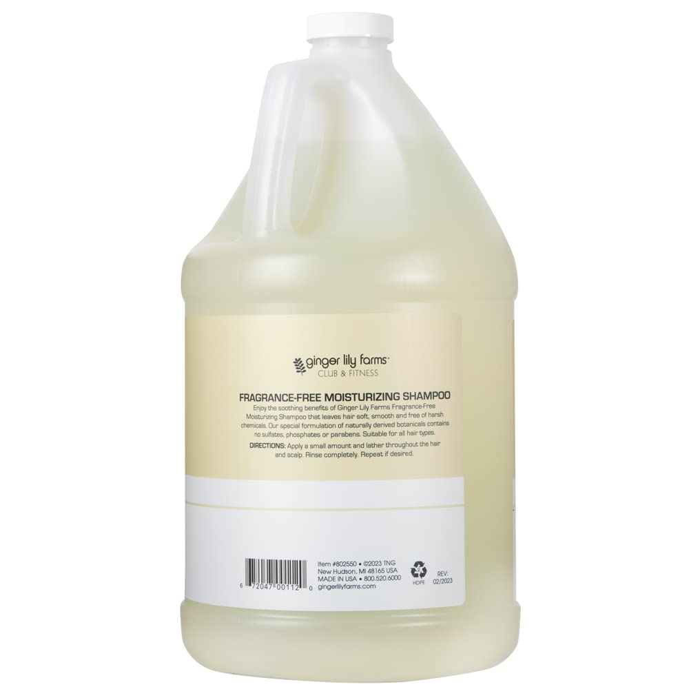 Ginger Lily Farms shampoo being poured from gallon refill into dispenser for easy refills