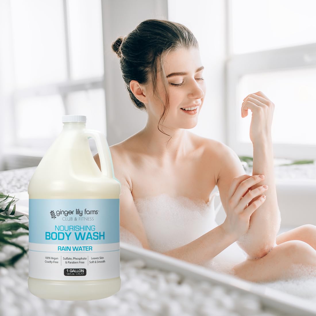 Ginger Lily Farms bottle staged in guest bathroom for spa-like freshness