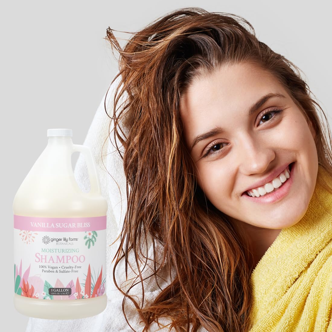 Ginger Lily Farms gallon on salon backbar conveying professional use and eco-friendly refill