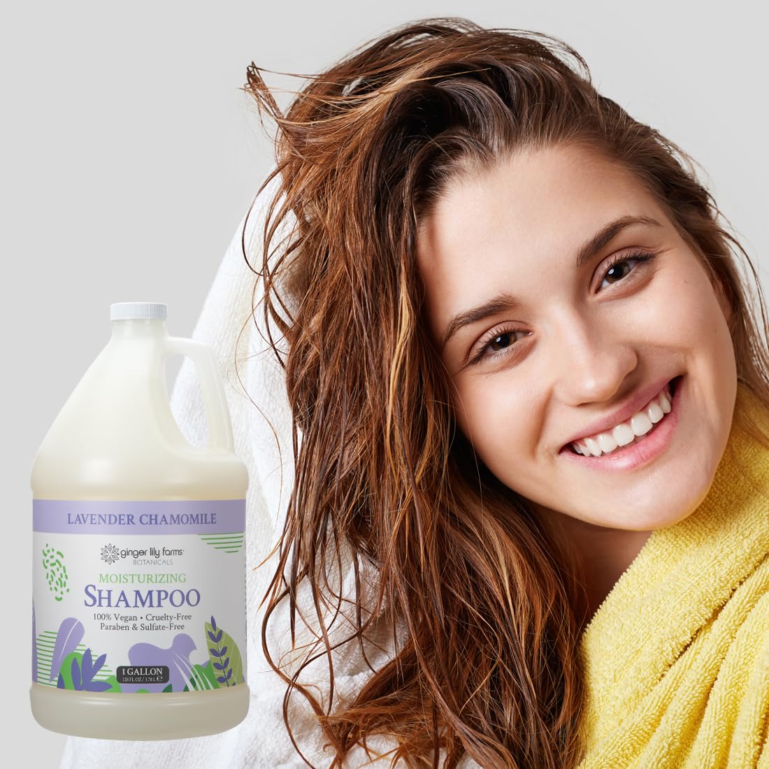 Ginger Lily Farms gallon on salon backbar showing professional use and reduced waste