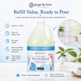 Ginger Lily Farms gallon next to everyday items showing scale and refill convenience
