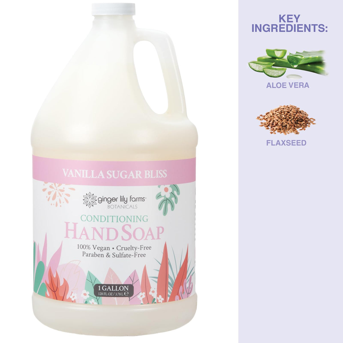 Ginger Lily Farms gallon next to household items for scale showing economical size advantage