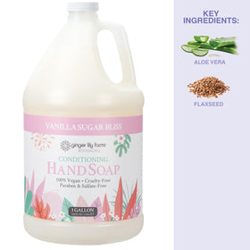 Ginger Lily Farms gallon next to household items for scale showing economical size advantage