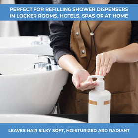Ginger Lily Farms refilling shower dispenser showing eco-friendly plastic reduction