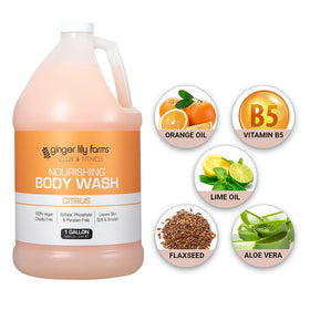 Ginger Lily Farms gallon next to standard bottle illustrating economical bulk scale
