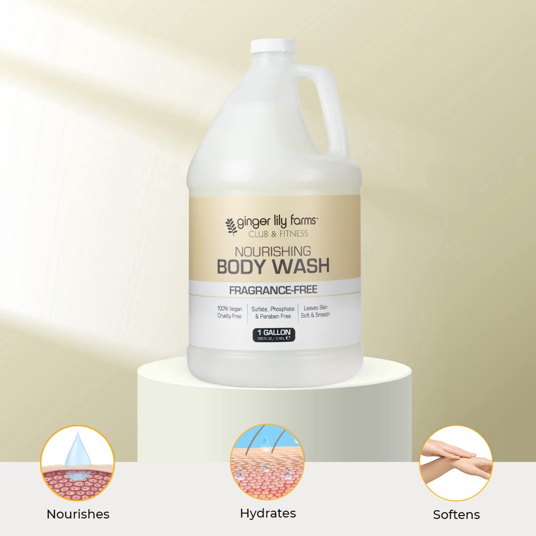Ginger Lily Farms gallon next to shampoo bottle showing large economical size