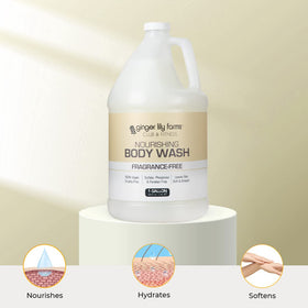 Ginger Lily Farms gallon next to shampoo bottle showing large economical size