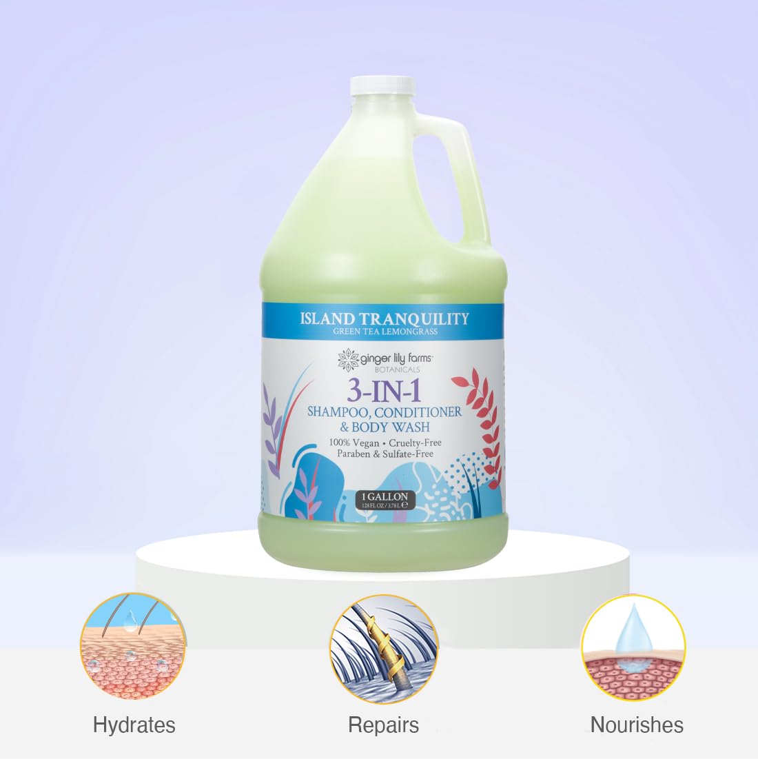 Ginger Lily Farms gallon next to everyday bottle showing economical refill advantage