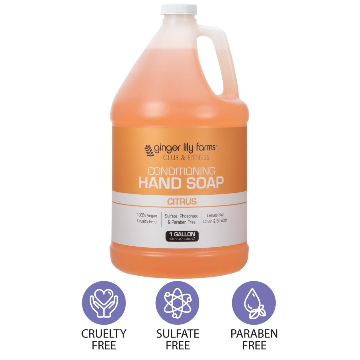 Ginger Lily Farms gallon next to a hand for scale highlighting economical size