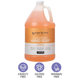 Ginger Lily Farms gallon next to a hand for scale highlighting economical size