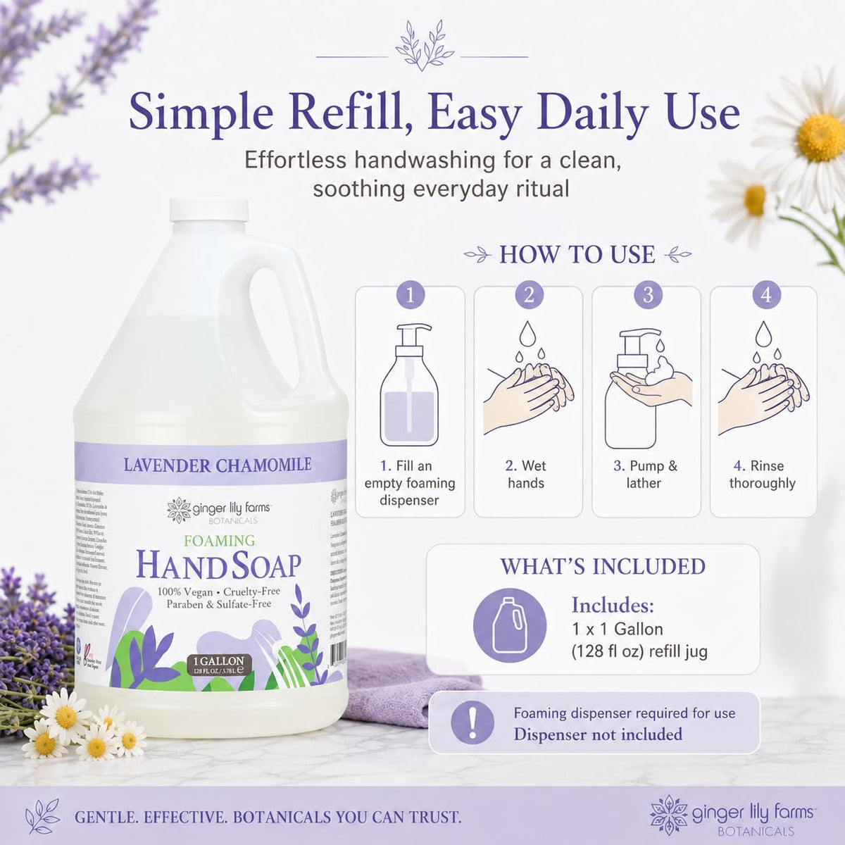 Ginger Lily Farms gallon jug next to a hand showing scale and economical volume