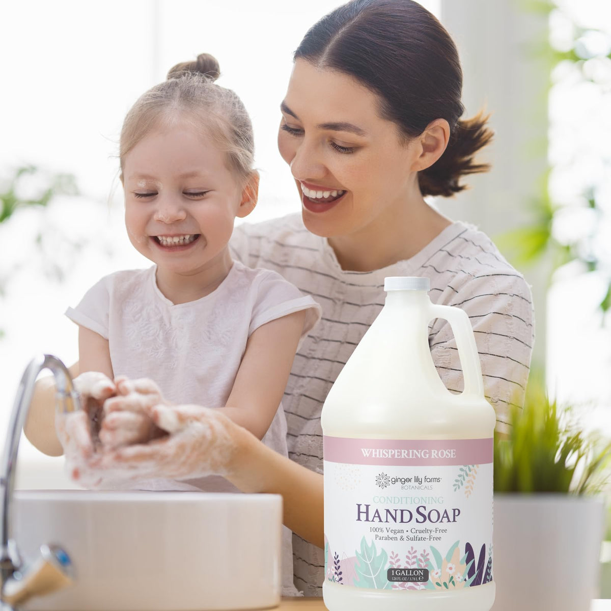 Ginger Lily Farms bottle in a spa bathroom scene conveying professional, pleasant fragrance